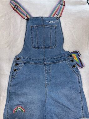 Target Light Blue Denim Short Overalls with Rainbow Straps